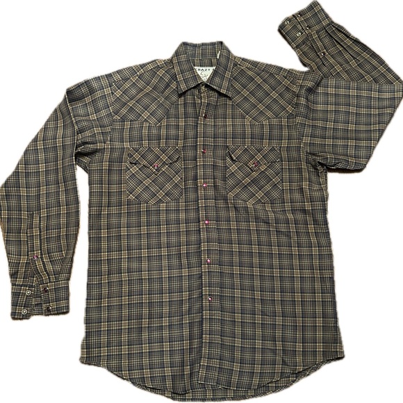 Crazy Cowboy ~Long Sleeve~ Pearl Snap~ Western Shirt~ M~ Plaid Brown/Orange/Blue - Picture 1 of 7